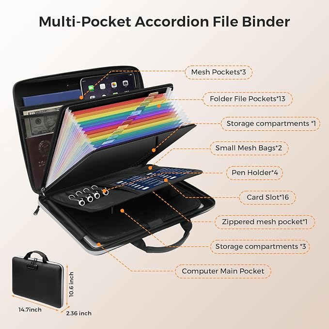Fireproof Document Box,Hard Case Fireproof File Organizer with Lock 13 Pocket Accordion File Folder Reflective Zipper Portable Safe Box for Home Office Travel to Storage Important Documents Laptop