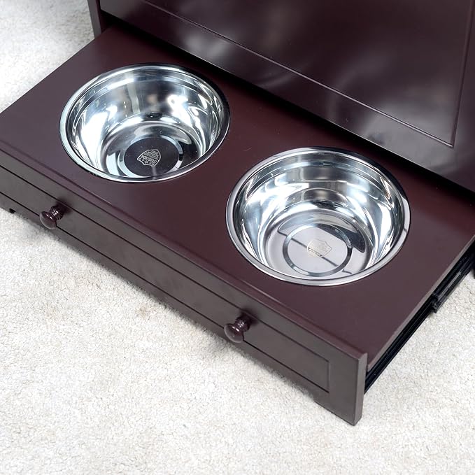 Pet Feeder Station, Dog Food Storage Cabinet with Stainless Steel Double Pull Out Raised Dog Bowls, Pet Food Toy Storage Container, Elevated Cat Bowls Feeding & Watering, Pet Toy Storage Organizer