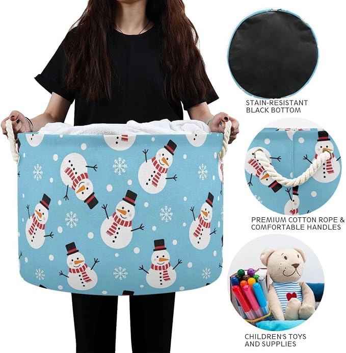 DOMIKING Large Storage Basket for Toys Christmas Snowman Blue Winter Storage Bin Box Kids Laundry Hamper for Home Decor Pet Toy Blankets Nursery
