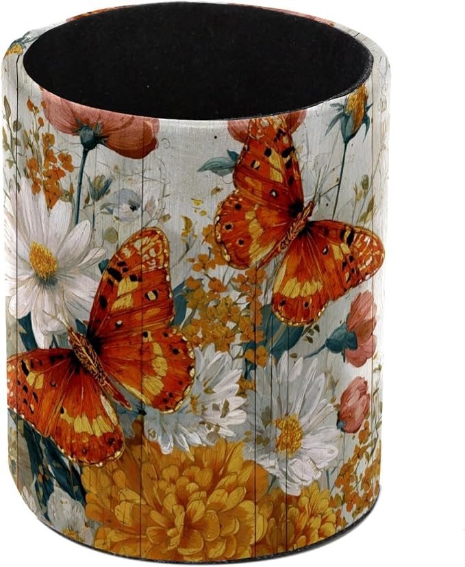 Butterflies on the Wooden Board Pen Holder, Pencil Cup Marker Brush Holder Desk Storage Case, Desktop Organizer for School Office Home Supplies