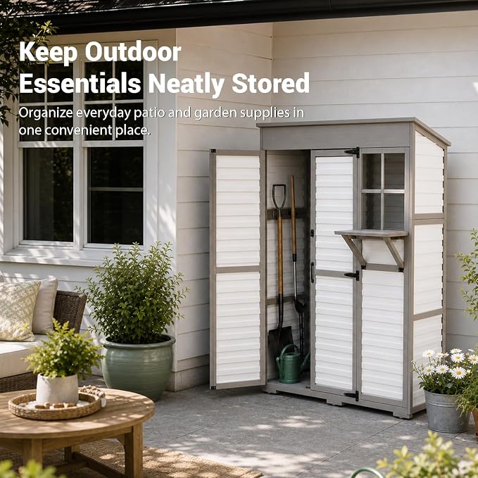 Ketive Outdoor Storage Cabinet, Fold-Down Shelf, 3 Shelves, 6 Hooks | Fir wood frame, textured plastic panels, and a sloped roof for patios, porches, gardens, and sheltered outdoor areas.