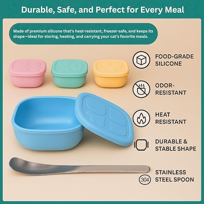 2ME Airtight Pet Wet Food Storage Containers with Lids (4-Pack, 12oz) - Silicone Meal Prep Kit for Dog & Cat Food - Freezer, Microwave & Dishwasher Safe - with Stainless Steel Scoop