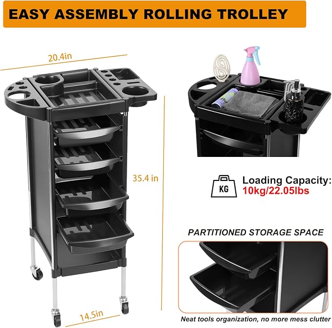 Salon Trolley Cart, 6-Layer Hair Stylist Cart with Wheels,Portable Salon Station Rolling Storage Trolley with Worktop Trays for Barbering or Hairstyling Beauty SPA Tattoo Service (Black)