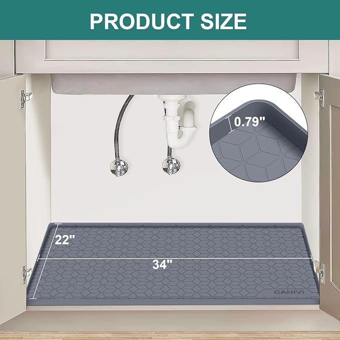 Under Sink Mat, 34"x22" Waterproof Tray for Cabinet, Holds 3 Gal | Silicone, Fits 36 inch Standard Cabinet,Leakproof & Easy Clean, Ideal for Kitchen & Laundry, Protects Shelf from Water Damage