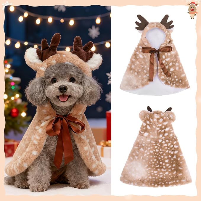 BEAUTYZOO 2 Pack Reindeer Dog Christmas Costume with Santa Hat for Small Dogs Cats, Fluffy Xmas Outfit, Cute Pet Christmas Elk Clothes, Puppy Xmas Hoodie Cloak Cape, Cat Holiday Cosplay Dress