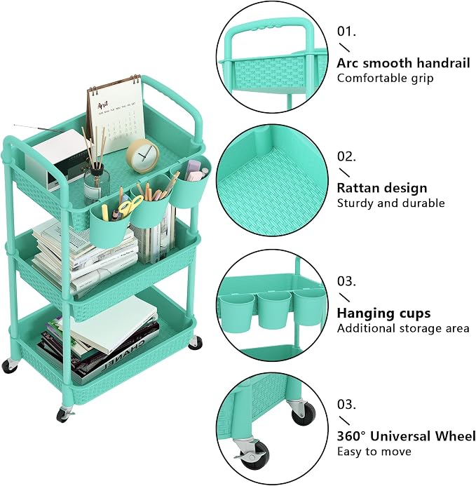 MOYIPIN 3-Tier Plastic Rolling Utility Cart with Handle,Turquoise | Utility Storage Cart for Office, Living Room, Kitchen,Movable Storage Organizer，Easy installation，Rattan-like art design