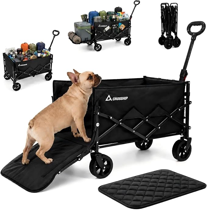 Foldable Pet Wagon Cart with Drop-Down Tailgate & Washable Pet Pad | 150L Heavy Duty Collapsible Garden Cart 330lbs Capacity, All-Terrain Wheels Utility Wagon for Camping with 2 Small Puppies