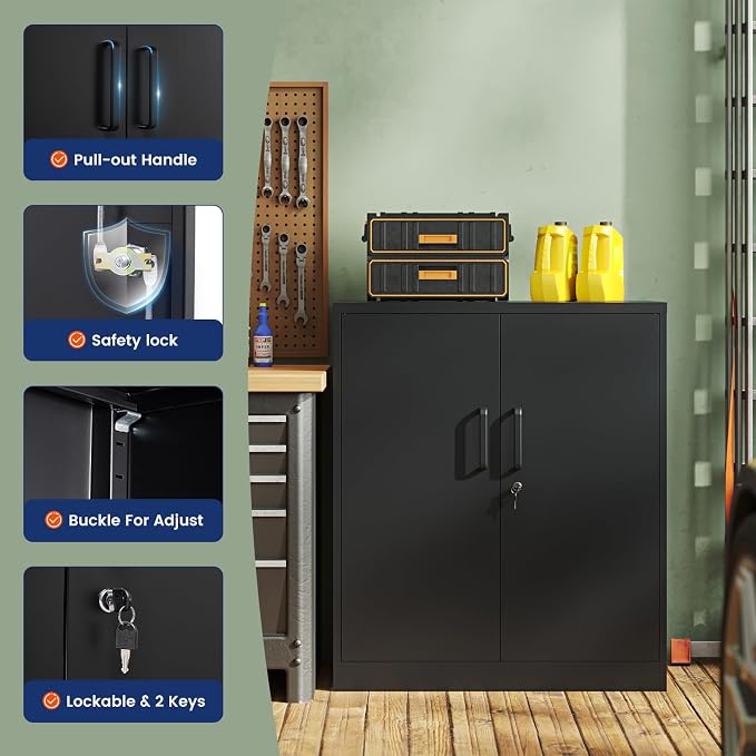 Metal Garage Storage Cabinet with 2 Doors and 2 Adjustable Shelves - 35.5" Steel Lockable File Counter Cabinet for Home Office,Garage,Gym,School（Black）