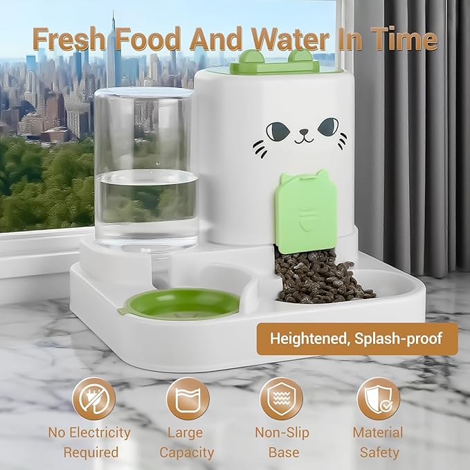 Gravity Pet Feeder Water Dispenser Combo for Cats & Dogs – 2-in-1 Automatic Food & Water Station, Large Capacity, Non-Slip Base, Easy to Clean, Travel Ready (Green)