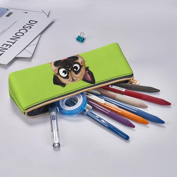 Leather Pen Case with Zipper - Aesthetic Pen Holder Dog funny face animal Pencil Case for Women & Men - Handcrafted Pencil Bag Multi-Functional Travel Cosmetic Case for Work Office Tool Pouch