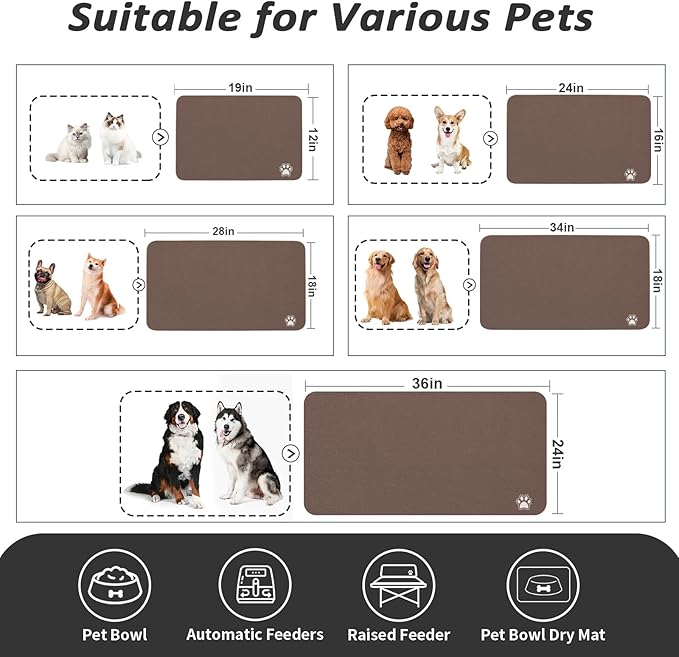 HotLive Dog Food Mat - Absorbent Cat Mat for Food and Water, No Stains Pet Feeding Bowl Mat, Easy to Clean Pet Placemats, Quick Dry Dog Water Dispenser Mat for Messy Drinkers | Paw Brown 18"x 28"