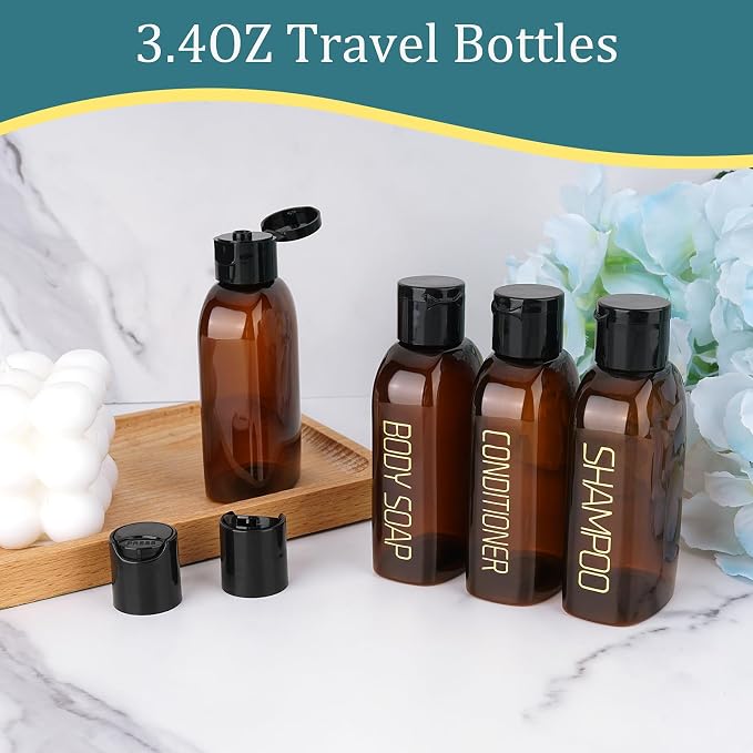 Cosywell 4 Pack 3.4 oz Preprinted Travel Bottles for Toiletries | Brown Bottles are Preprinted with SHAMPOO, CONDITIONER and BODY SOAP, One is Blank, Includes Flip Caps and a Toiletry Bag