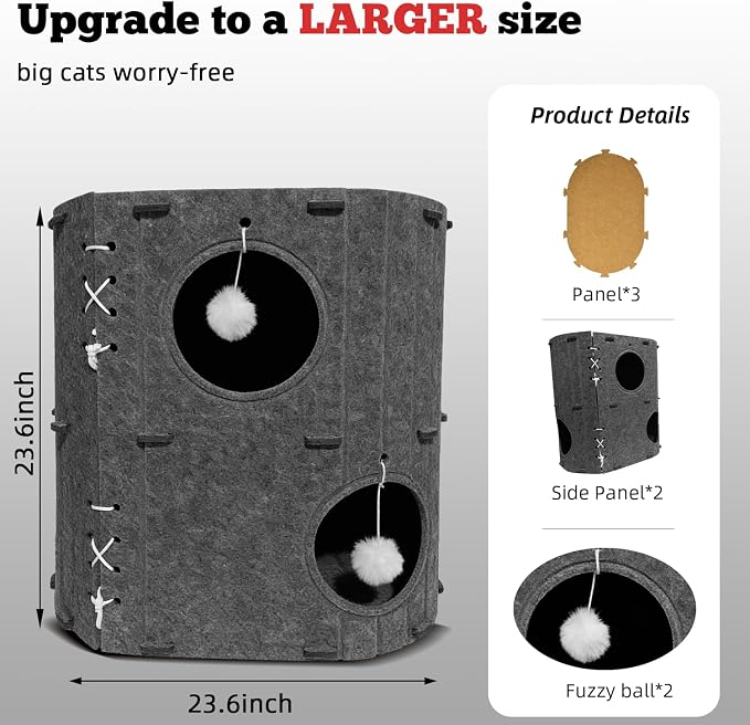 Cat House for Indoor Cats - 2-Storey Foldable Cat Bed Cave with Scratch-Resistant Felt Cats Tunnel Bed Condo & Hanging Fluffy Ball | Cozy Spacious Hideaway for Multi-Cats| Durable & Easy to Store,Gray