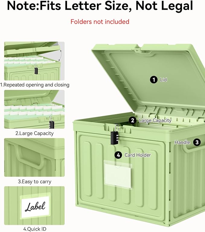 Oterri Lockable Stackable Plastic File Box with Lid for Letter-Size | Hanging File Folders Not Included. Green, Large 1-Pack. Home, Office, Classroom, Dorm, Tax, Under Bed, Filing Cabinet.
