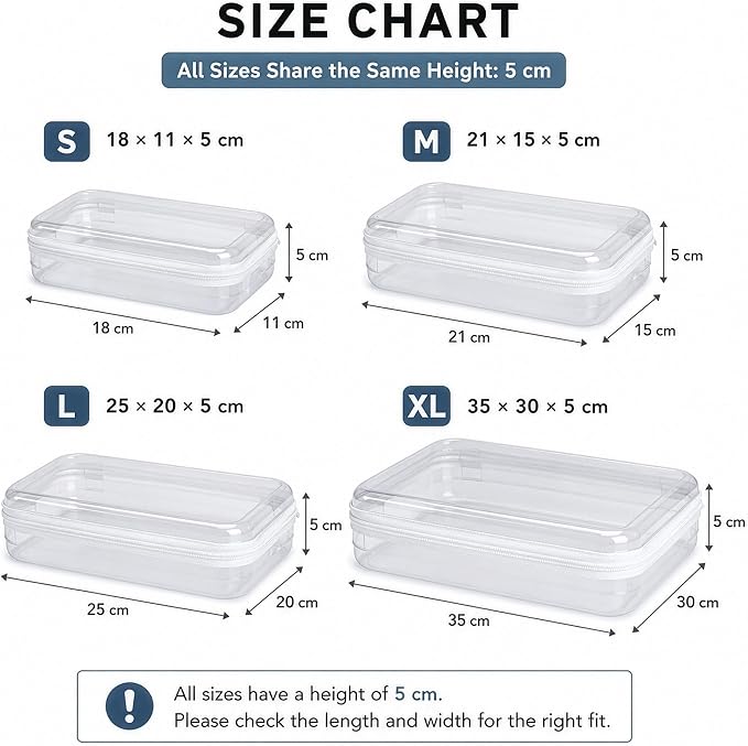 Clear Hard Shell Zipper Case, PET Organizer Box, 2L+1M+1S | Transparent Case for Cosmetics, Makeup, Toy, Home, Office, Stationery, Pencil, Fruit, Building Blocks, File