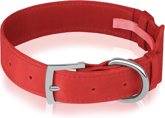 Leather Dog Collar with Airtag Holder - Apple Air Tag Dog Collars - Soft Tracking GPS Pet Collar for Small Medium Large Dogs Breed Puppy (Red, M, 12"-15" Neck Fit)