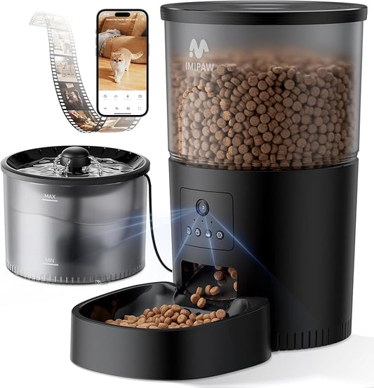 IMIPAW Automatic Cat Feeder with Camera and Water Fountain, HD AI Pet Recognition, APP Remote Control, Timed Food Dispenser, Two-Way Audio, Night Vision Function, 3L Fountains for Drinking with Filter