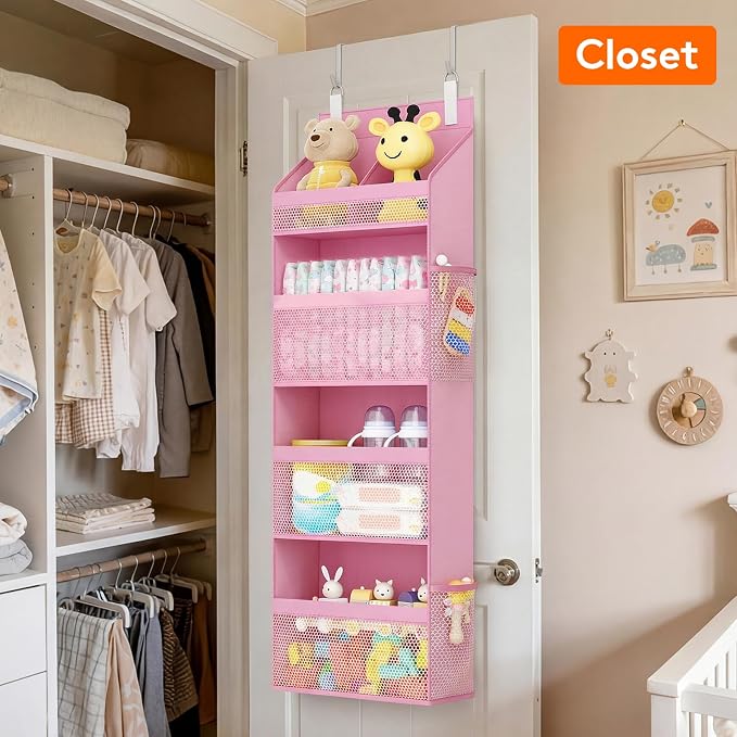 Lifewit 4 Tier Over the Door Organizer, Diaper Hanging Storage, Pink | Nursery Sturdy Large Heavy Duty Back of Door Shelf with 4 Mesh Side Pockets, for Baby Stuff Toy in Pantry, Laundry, Bathroom