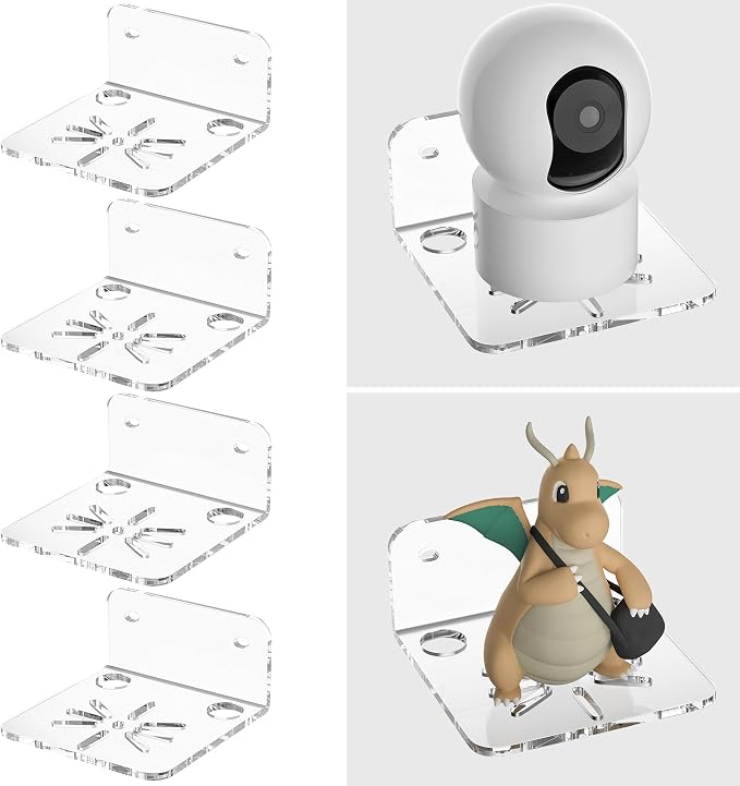 Sezanrpt Clear Acrylic Wall Shelf 4 Pack for Surveillance Cameras, Smart Security Cameras, Small Floating Shelf for Plants, Speaker, Dog Camera, 4'', with Cable Clips