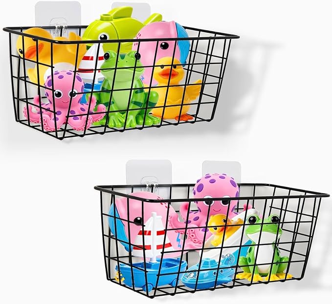 Hanging Bath Toy Storage Basket - 2 Pack Metal Bath Toy Holder with Hooks - Bathtub Toy Storage Organizer for Baby Bath Kids Shower Bathroom