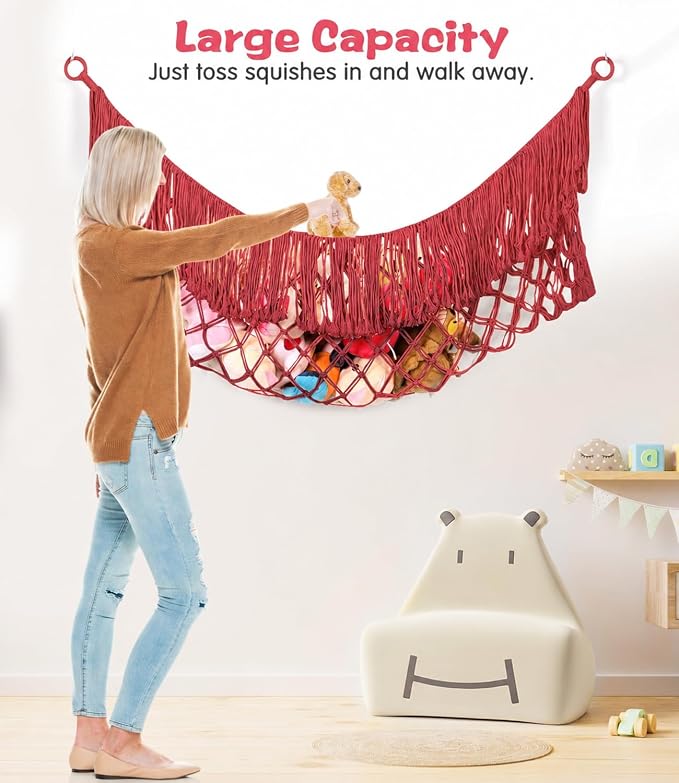 Stuffed Animal Hammock - Extra Large 63'' Long (Red) | Premium Cotton Hand-knitted, Beautiful Long Tassel, Storage Hanging Organizer, Can Fit Stuffed Animals 40 Piece or More