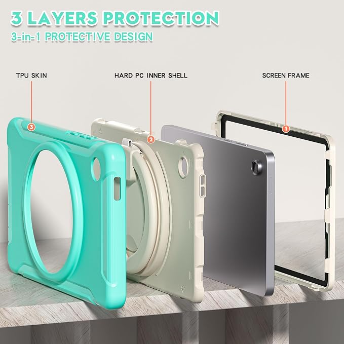 Heavy Duty Shockproof Case for Samsung Galaxy Tab A11 8.7 Inch 2025 (Model: SM-X133/X135/X135F) - with 360° Rotating Stand Handle, Built-in Screen Protector,Kid-Friendly Protective Cover (Green B)