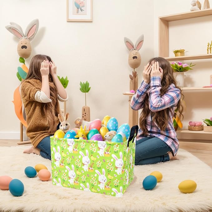 Large Empty Easter Basket for Kid Fabric Personalized Bunny Eggs Easter Gift Basket for Boy and Girl (Rabbit Chicken Green Bottom)