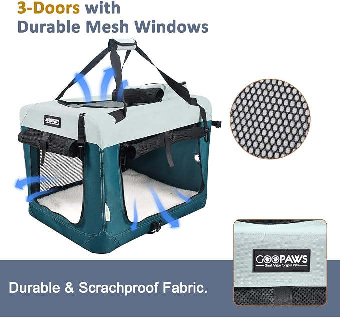 Jespet 3 Door Soft Dog Crates Kennel for Pets, Folding Travel Pet Carrier | 3 Mesh Doors 30'' Dog House, Large Pocket, Easy to Install, Steel Frame, Removable Crate Pad, For Indoor & Outdoor