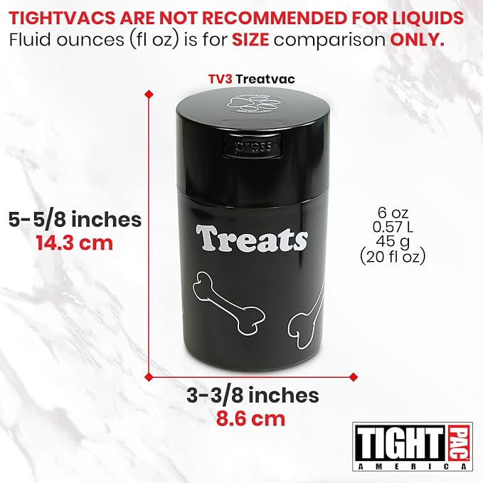 Tightpac Pawvac 1 to 6 Ounces Container, Airtight Pet Food and Treats Storage Jar - Patented Vacuum Seal Container for Pet Food, Treats and other Dry Goods - Black with Treats