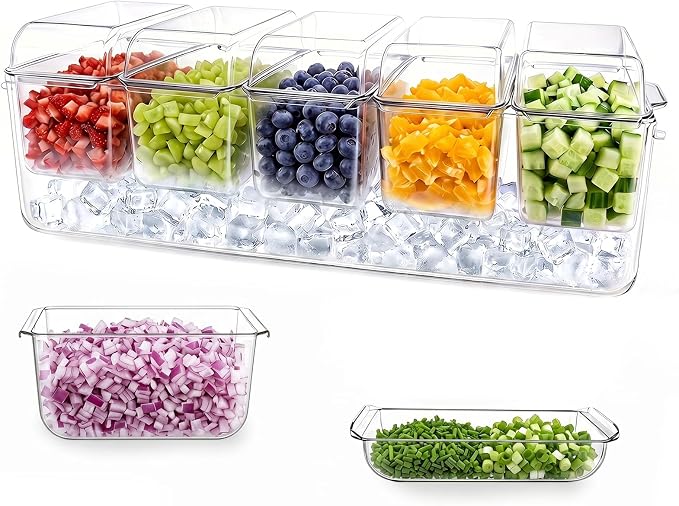 OBTANIM 16 Inch Ice Chilled Condiment Server Caddy Plastic Clear Food Storage Container Garnish Tray with Separate Lid and 5 Removable Compartments for Bar Party Fruit Salad