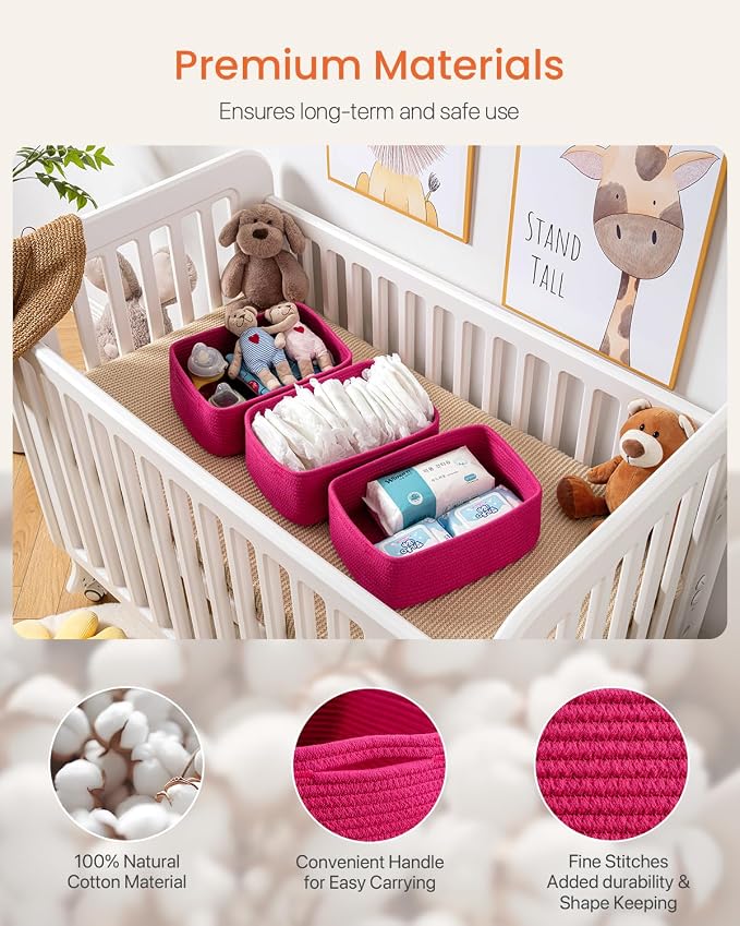 KALLAX Small Woven Storage Basket for Organizing, 13.5x9.5x5 inches, 3 Pack | Shelf baskets for closet organization, toy storage and home decor, Perfect as empty gift baskets for holidays, Hot Pink