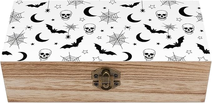 Wooden Keepsake Box for Memories Decorative Memory Boxes with Lid, Gothic | Skull Bat Spider Web Moon Art Gift Crafts Organizer, Wood Storage Container, Party Favor Decor, 9.2"x5.5"x3.9"