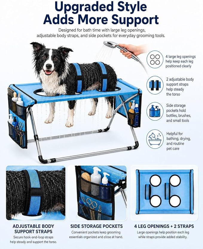 Dog Grooming Hammock Stand, Foldable Dog Bath Holder Sling Shower Chair | Heavy-Duty Pet Bath Stool for Small & Medium Dogs, Home Salon Grooming, Washable Mesh, Joint Support & Restraint(Blue,Pro)