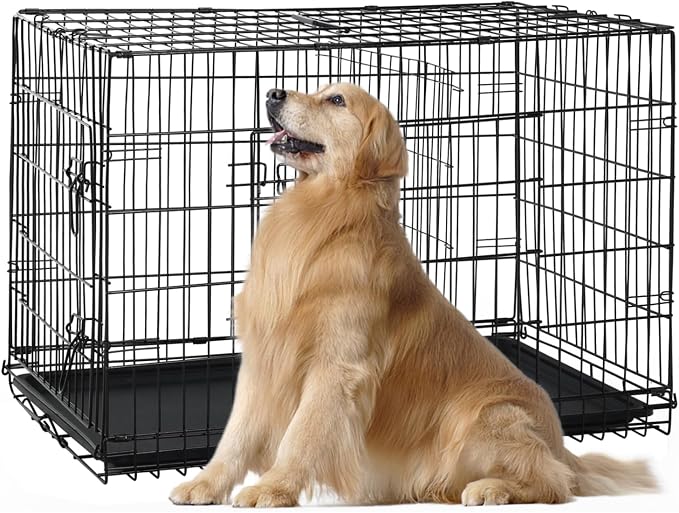 Heavy Duty Large Dog Crate, 48 Inch Dog Crates for Large Dogs, Metal Wire Folding Dog Cage with Removable Trays, Locks, Double-Door, Divider Panel, Handle, XXL Dog Crate Pet Crate (48 in, Black)