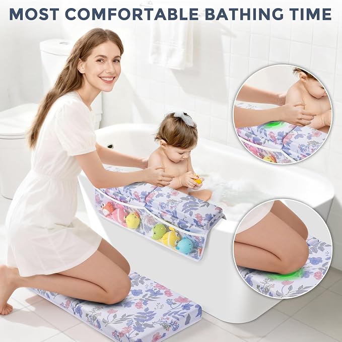 Bath Kneeler and Elbow Rest Pad Set, 1.5” Thick Bathtub Kneeling Mat | Cozy Memory Foam, Non-Slip 6 Suction Cups and 4 Toys Organizer Pockets, Quick-Dry Bath Kneeling Pad for Babies Toddlers