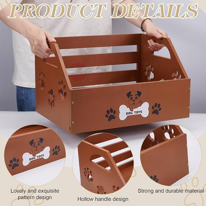 Large Dog Toy Bin Basket 16.5x11 Pinewood Dog Toy Storage Box Rerctangle Decorative Pet Toy Organizer with Paw Print Design & Handles for Pets Toys Food Blankets Clothes