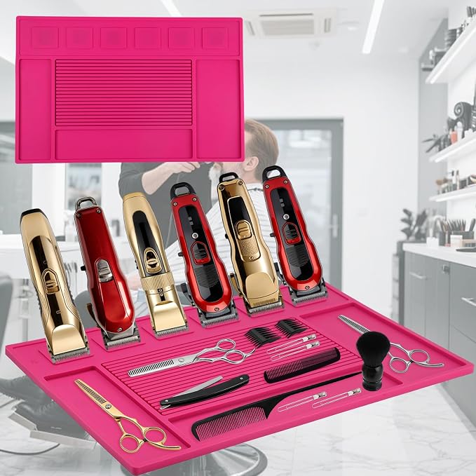 Magnetic Barber Mat for Clippers, Station Organizer with 6 Magnets | Silicone Material, Anti-Slip Surface, Heat-Resistant, Waterproof, Easy Clean, Tool Slots Design, For Barbershop & Salon, Rose