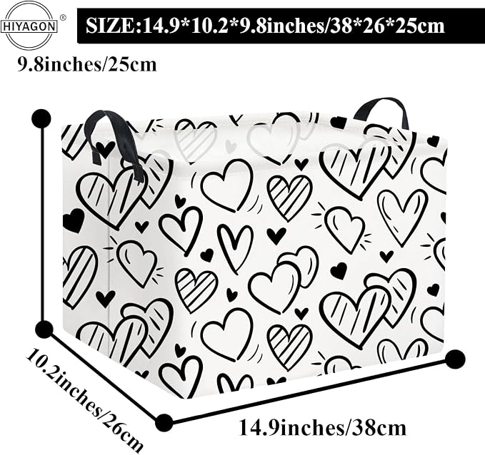 Rectangular Heart Basket Kids Baby Storage Bin Basket Organizer Box for Girls Love Room Decor(Black Striped Heart)