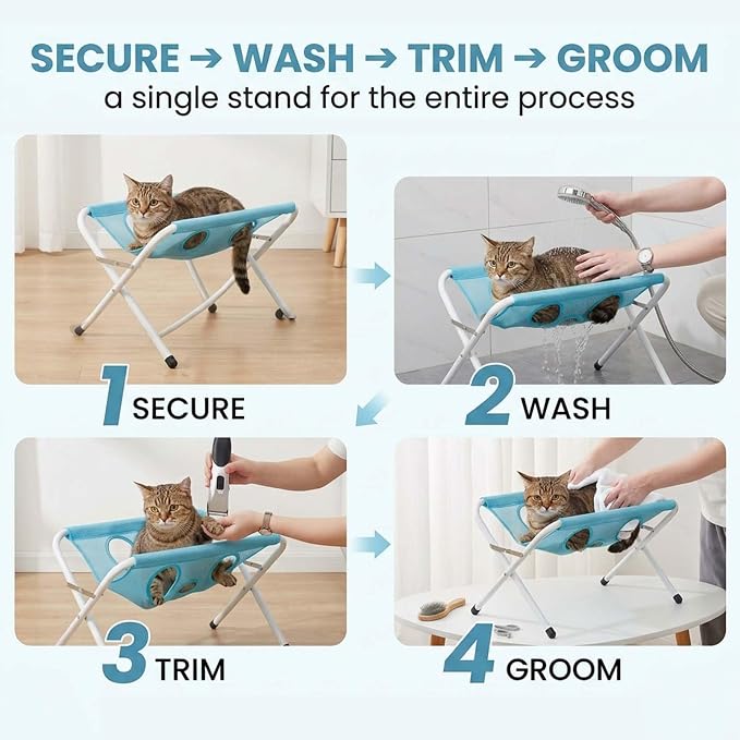 Pet Bathing Hammock, Foldable 8-Hole Grooming Stand for Small Pets (Blue) | Easier Pet Bathing, Less Scratches and Bites, Sturdy Frame Quick-Dry Mesh, Ideal for Dogs & Cats, Nail Trimming and Grooming