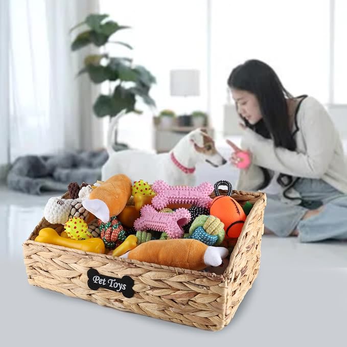 Trapezoid Pet Dog Toy Basket,Collapsible Dog Toy Bin,Wicker Basket for Dog Cat Toys,Pet Toy Box,Dog Storage Organizer for Leash Blanket Toys Snacks-Natural Farmhouse Water Hyacinth