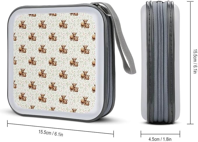 CD Case Storage Organizer Binder Highland Cow Print Protective Disc Holder | DVD Wallet for Car Home Office Travel, Highland Cow Print, Hard Plastic, Hand Strap, 40 Capacity