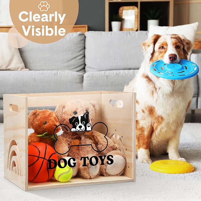 Beeveer Large Dog Toy Basket Dog Toy Box Wooden Storage Bin with Acrylic Board Storage Box for Puppy Toys Pet Food and Accessories Organizer Holder Basket for Living Room Area(Wood, Dog)