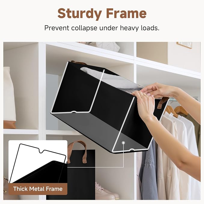 StorageWorks Closet Storage Bins, Black, Large, 2-Pack | With Reinforced PU Handles, Metal Frame, Collapsible, Storage Basket for Shelves, Closet, Holds Clothes, Towels, Blankets