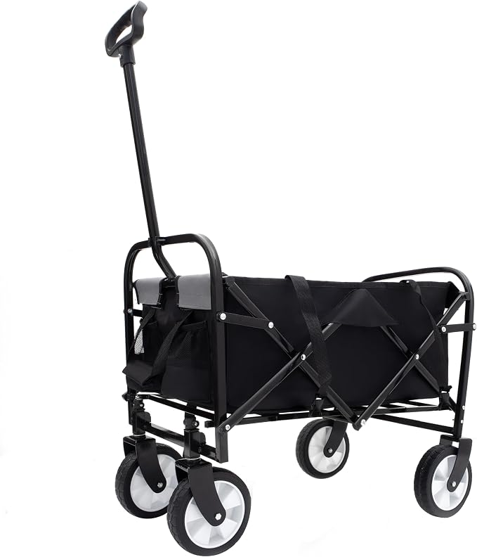 Collapsible Folding Outdoor Utility Wagon, Strap Collapsible Foldable Wagon Cart with Strapping System, Supports 225lbs (Black)