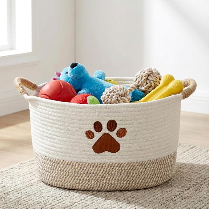 Dog Woven Toy Basket 14.6 x 10.6 x 8.7 Inch Woof Pet Baskets Storage Bin Box with Durable Handles, Woven Pet Basket Puppy Bins for Organizing Toys Dog Blankets and Accessories(Paw)