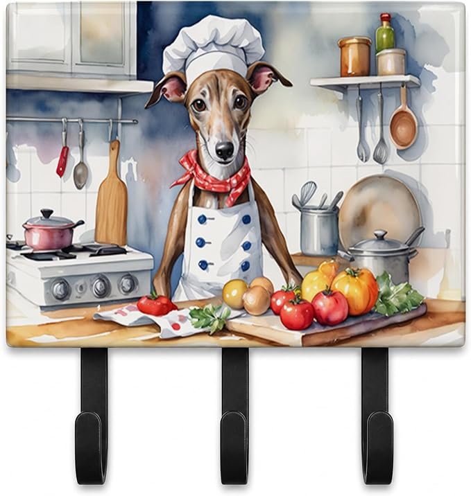 Caroline's Treasures Greyhound The Chef Leash or Key Holder Wall Hooks, Key Hooks Holder, Coat Rack Wall Mount, Coat Hooks, Hooks for Hanging Keys, Towels, Aprons, Leashes | Greyhound The Chef artwork on ceramic tile with three steel hooks for keys, le...