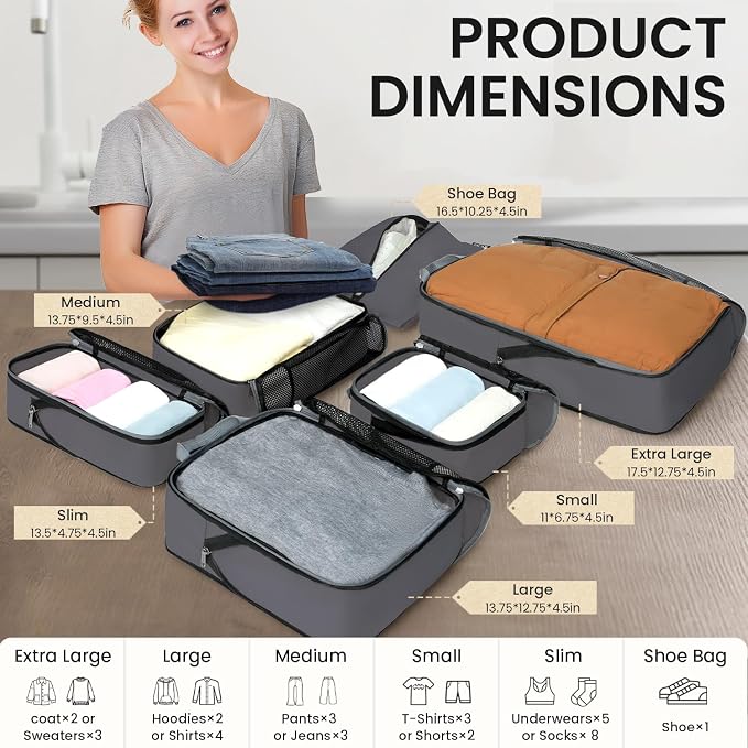 BAGAIL 4 Set/6 Set/8 Set Compression Packing Cubes Travel Accessories Expandable Packing Organizers (Half Mesh, 6-Dark Grey)