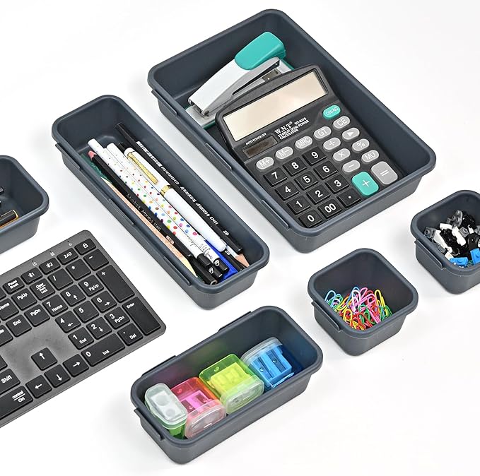 BOPART 25PCS Drawer Organizer Set, Interlockting Desk Drawer Storage Bins Trays for Organizing Cosmetics Jewelries or Gadgets at Office, Bathroom Vanity or Garage Junk Drawer Organization