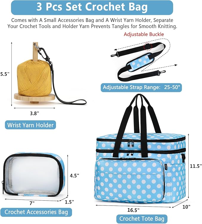 Crochet Organizer Bag with Yarn Holder, Large Yarn Storage for Accessories | 3PCS Crochet Knitting Bag with Accessory Pouch for Hooks, Needles, Travel Tote, Crochet Lovers, Gift for Crafters, No-Tangle