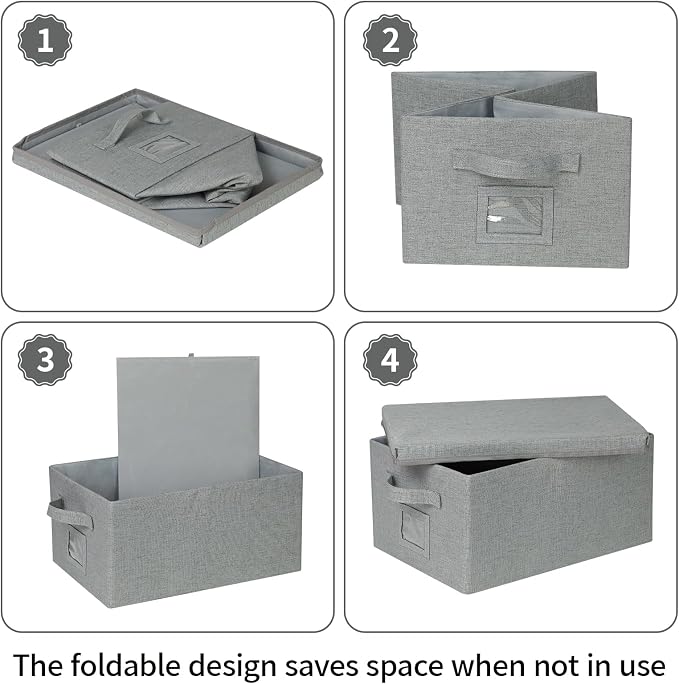 Storage Bins With Lids Closet Organizer Cabinet Box For Clothes,Toys,Shelf | 2 Pack, 17"X 12"X 2", Collapsible, Stackable, Dustproof, Built-In Handle, Label Slot, Linen Fabric, Cardboards, Grey